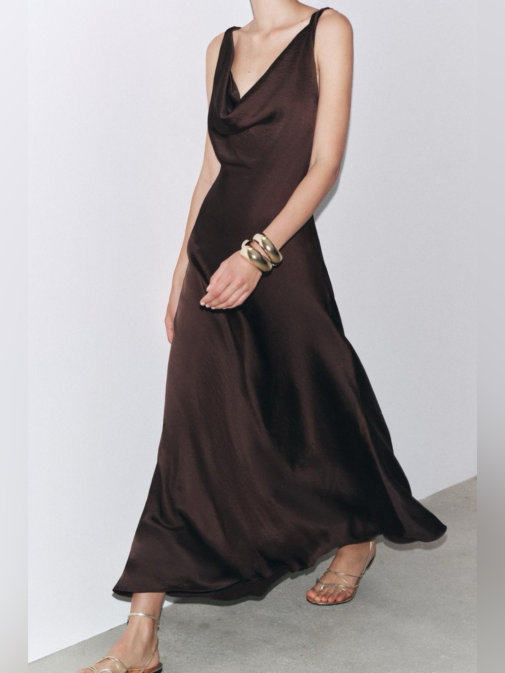 Zara Cowl Neck Draped Satin Effect Spaghetti Strap Maxi Dress Brown Size Small